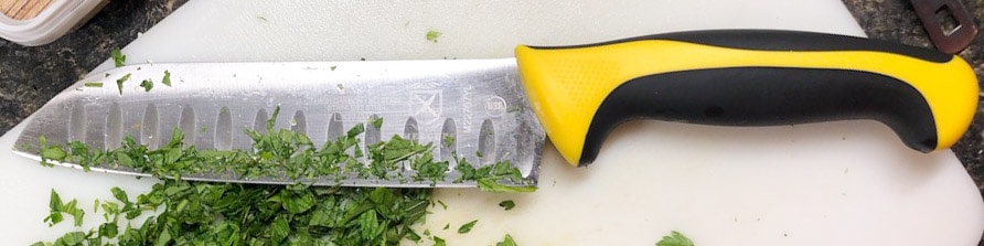 santoku chef's knife with yellow comfort handle