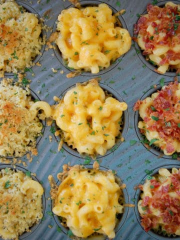 overhead view of mac and cheese cups in muffin pan.