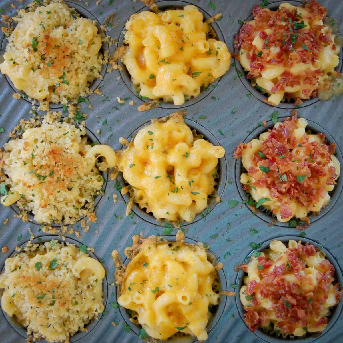 overhead view of mac and cheese cups in muffin pan.