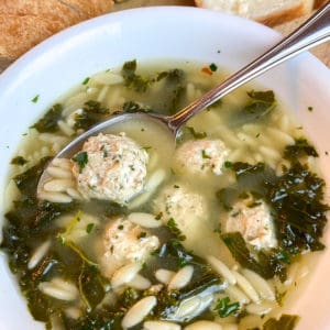 italian wedding soup with meatballs, orzo, and kale