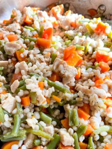 chicken, barley, carrots, and green beans for dogs