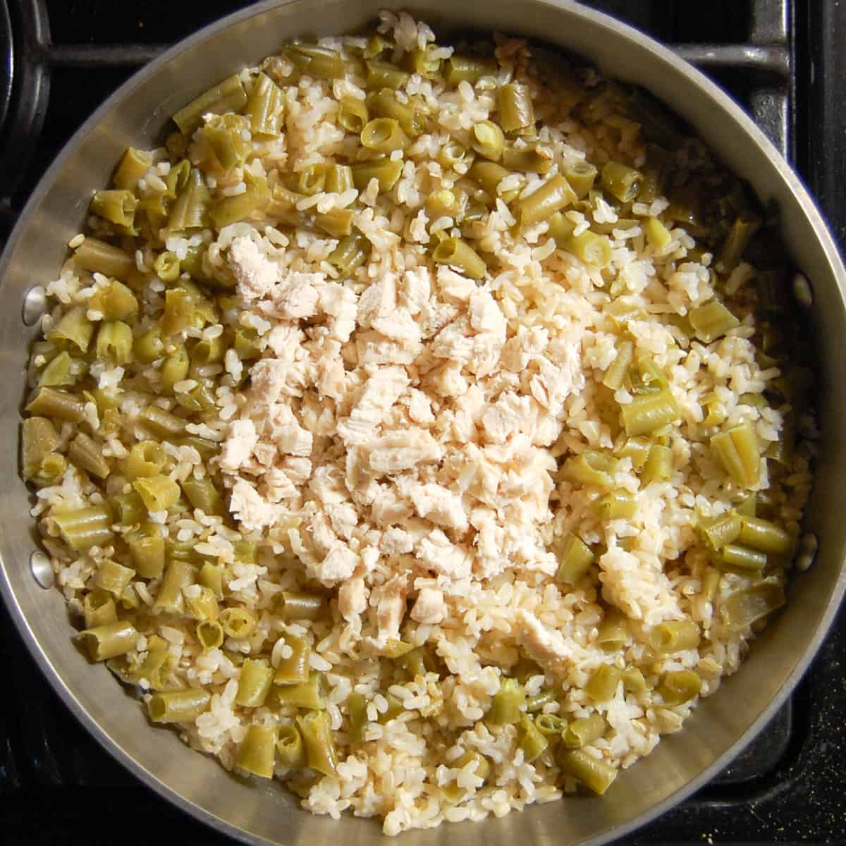 chicken and rice for dogs after cooking with cut up green beans and chicken breast
